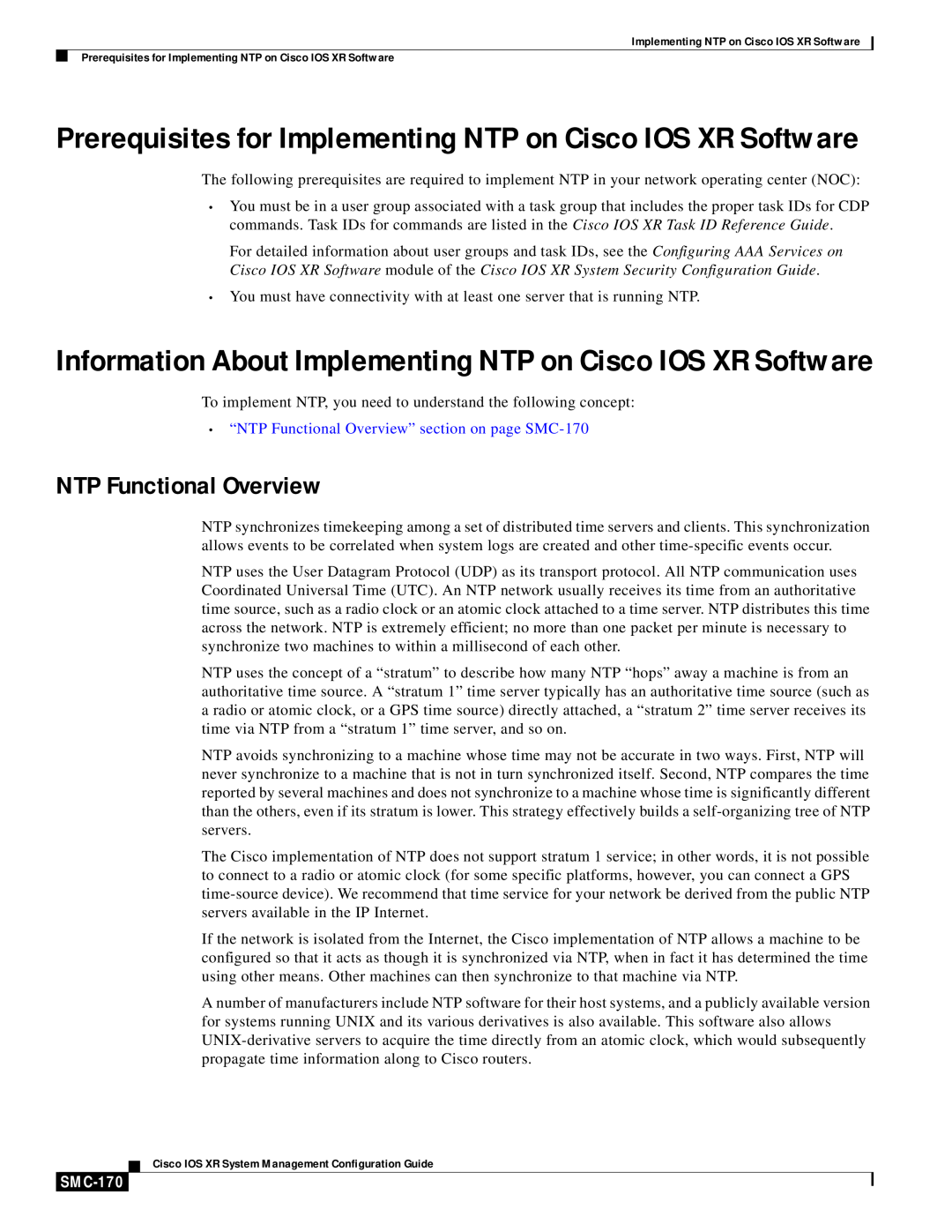 Cisco Systems SMC-169 manual NTP Functional Overview, SMC-170, Prerequisites for Implementing NTP on Cisco IOS XR Software 