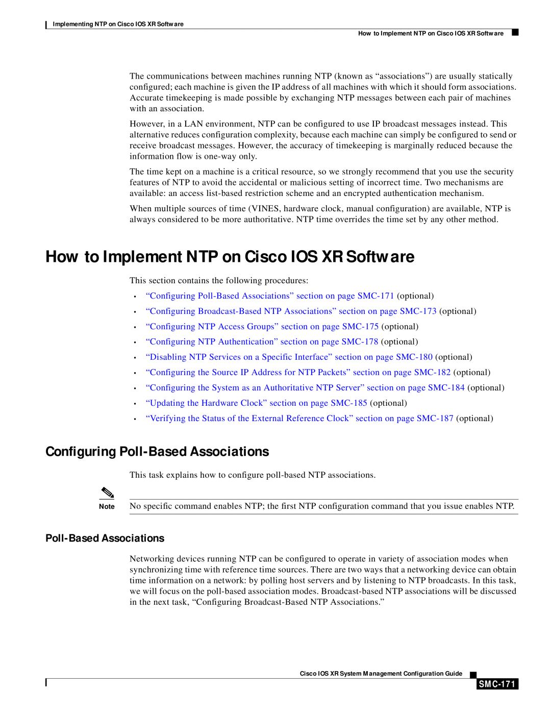 Cisco Systems SMC-169 manual How to Implement NTP on Cisco IOS XR Software, Configuring Poll-Based Associations, SMC-171 