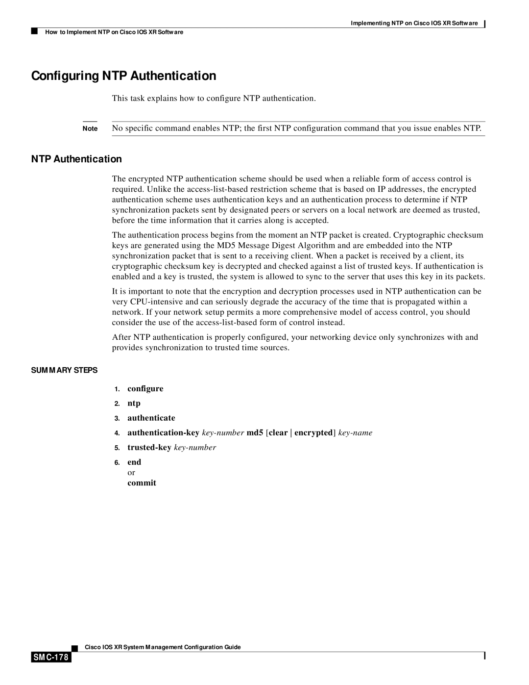 Cisco Systems SMC-169 manual Configuring NTP Authentication, SMC-178 