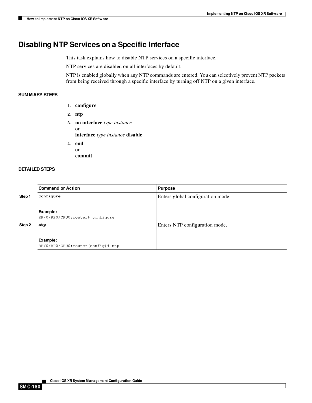 Cisco Systems SMC-169 manual Disabling NTP Services on a Specific Interface, SMC-180 