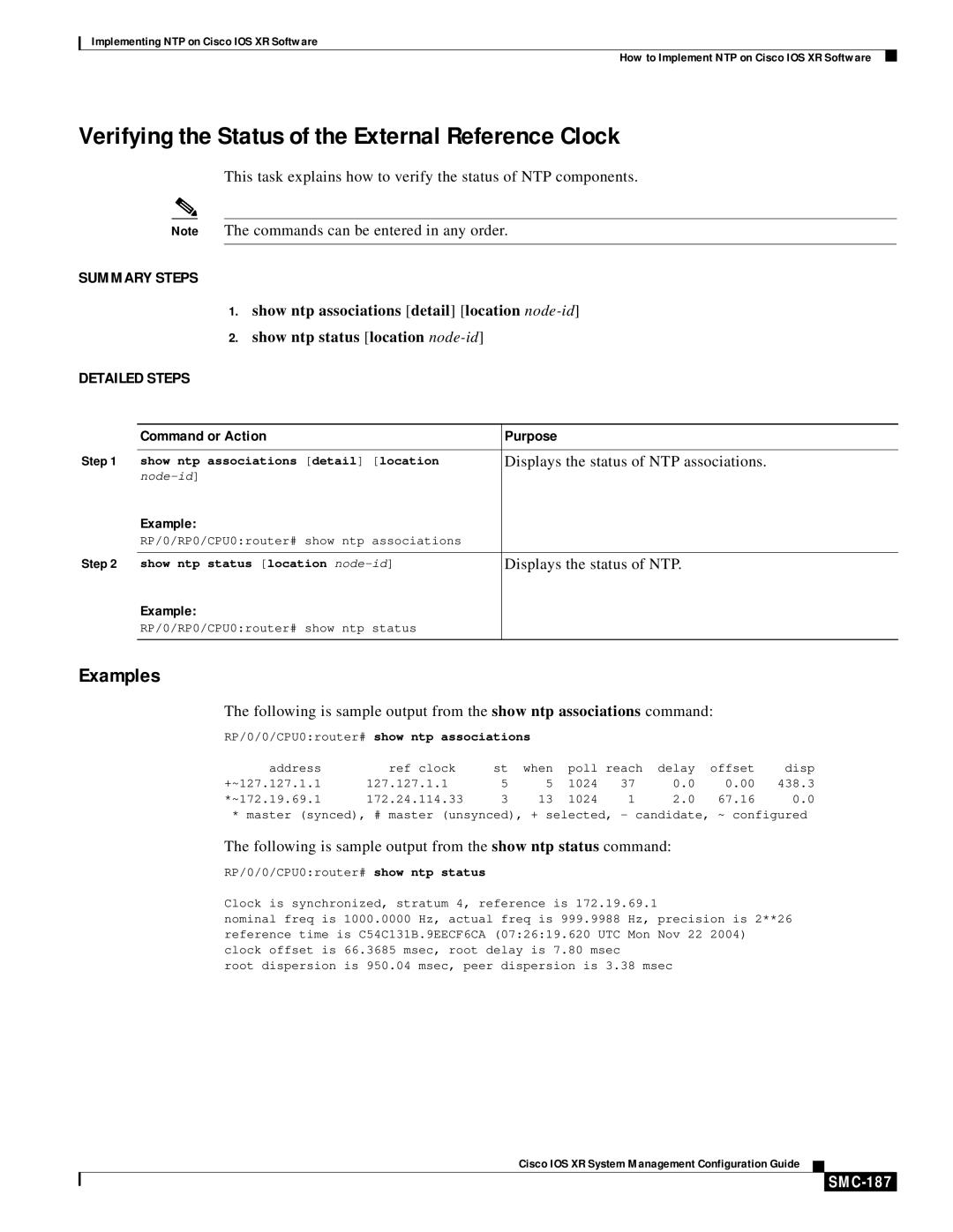 Cisco Systems SMC-169 manual Verifying the Status of the External Reference Clock, Examples, SMC-187 