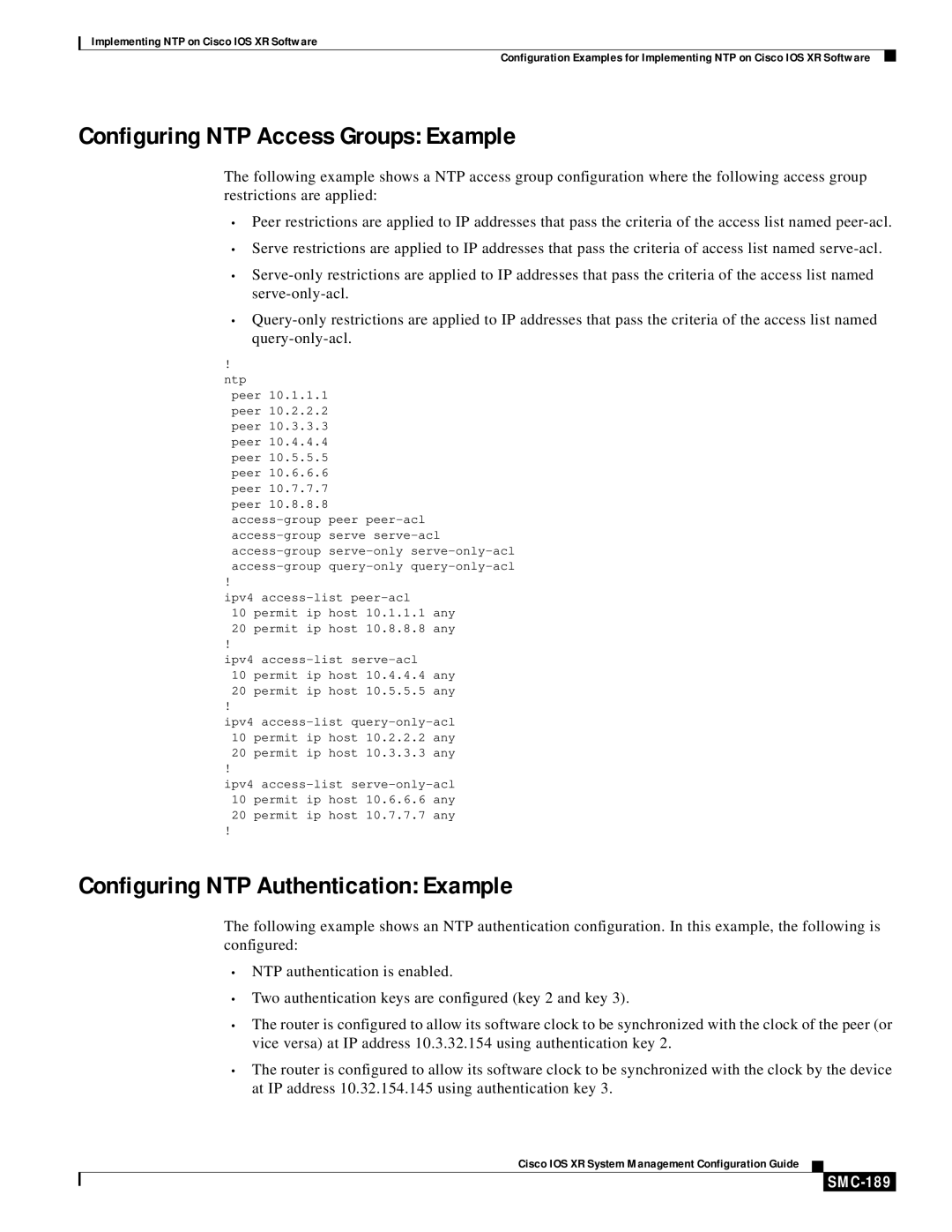 Cisco Systems SMC-169 manual Configuring NTP Access Groups Example, Configuring NTP Authentication Example, SMC-189 