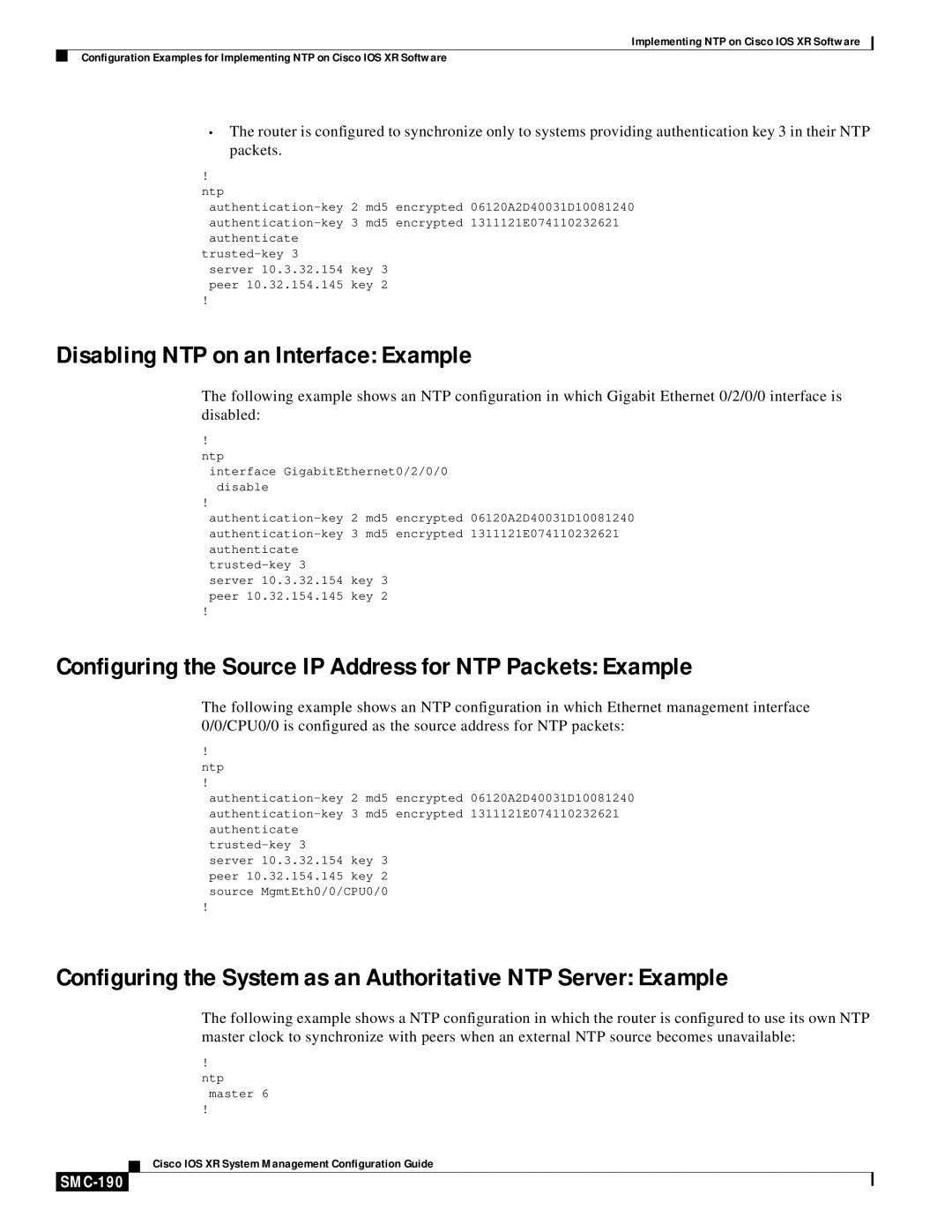 Cisco Systems SMC-169 Disabling NTP on an Interface Example, Configuring the Source IP Address for NTP Packets Example 