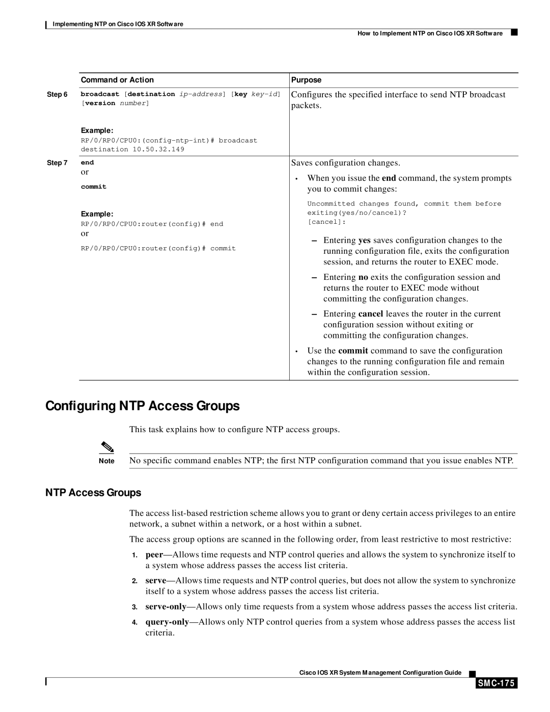 Cisco Systems SMC-169 manual Configuring NTP Access Groups, SMC-175 