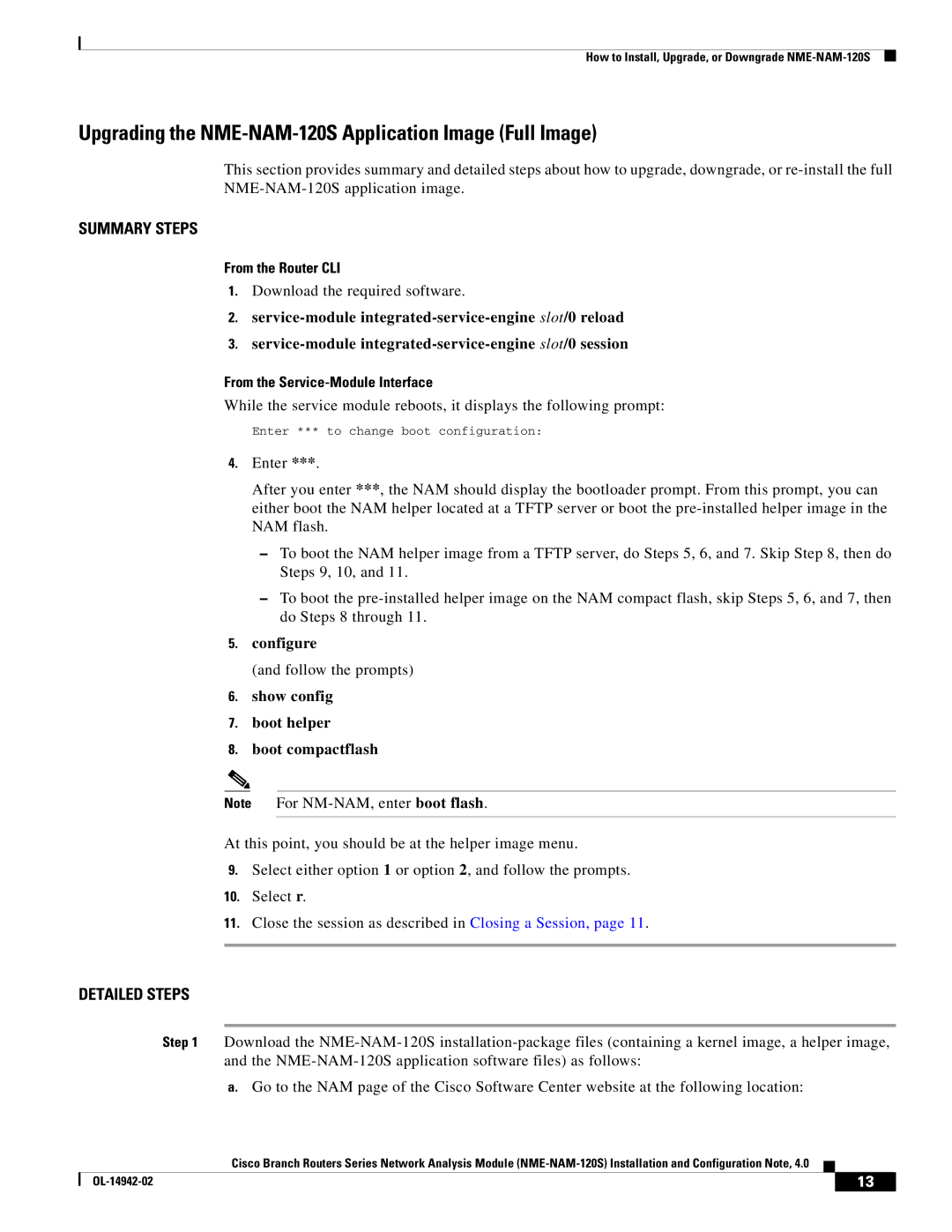 Cisco Systems SMNMADPTR manual Upgrading the NME-NAM-120S Application Image Full Image, From the Service-Module Interface 