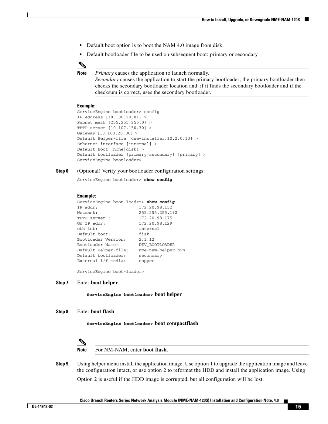 Cisco Systems SMNMADPTR manual Optional Verify your bootloader configuration settings, Enter boot helper, Enter boot flash 