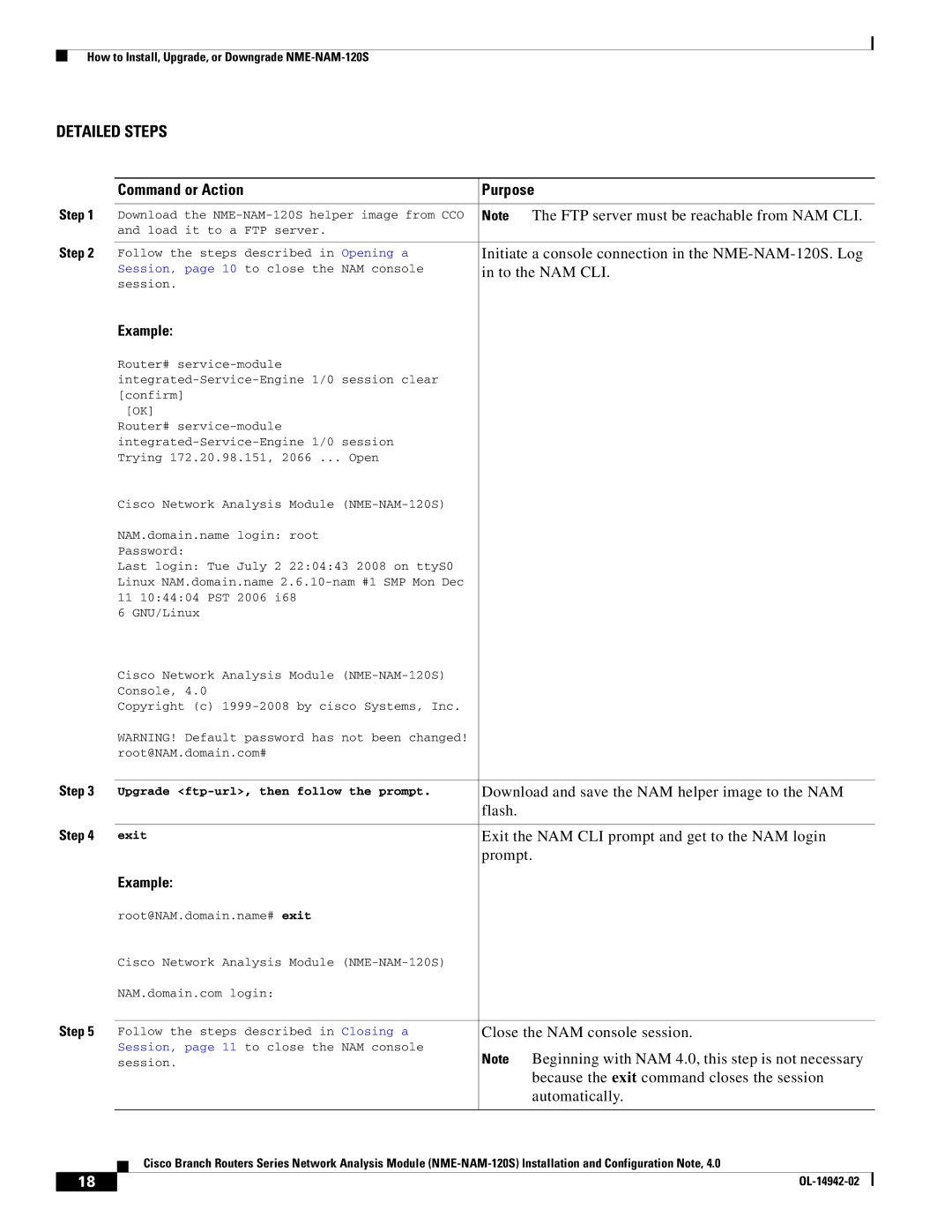 Cisco Systems SMNMADPTR manual FTP server must be reachable from NAM CLI, Download and save the NAM helper image to the NAM 