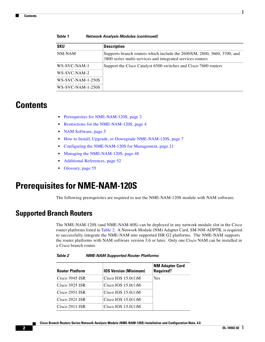 Cisco Systems SMNMADPTR manual Contents, Prerequisites for NME-NAM-120S 