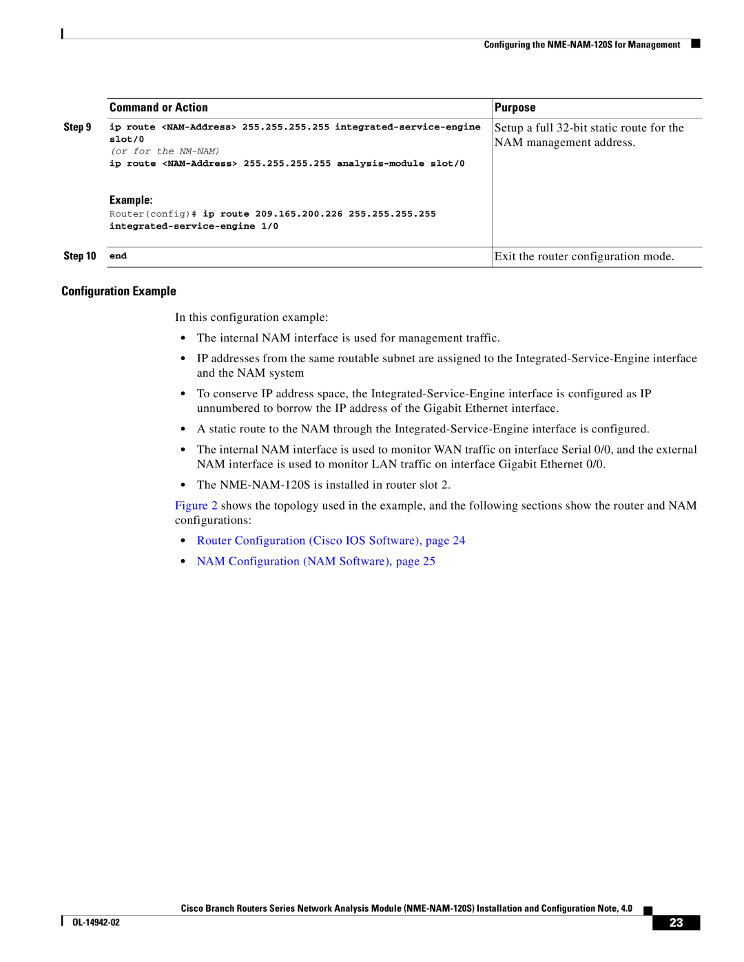 Cisco Systems SMNMADPTR Setup a full 32-bit static route for, NAM management address, Exit the router configuration mode 