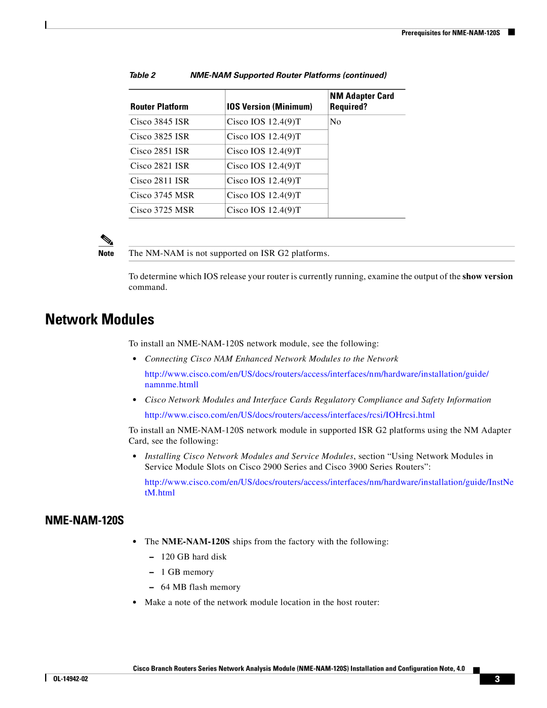 Cisco Systems SMNMADPTR manual Network Modules, Router Platform IOS Version Minimum Required? 