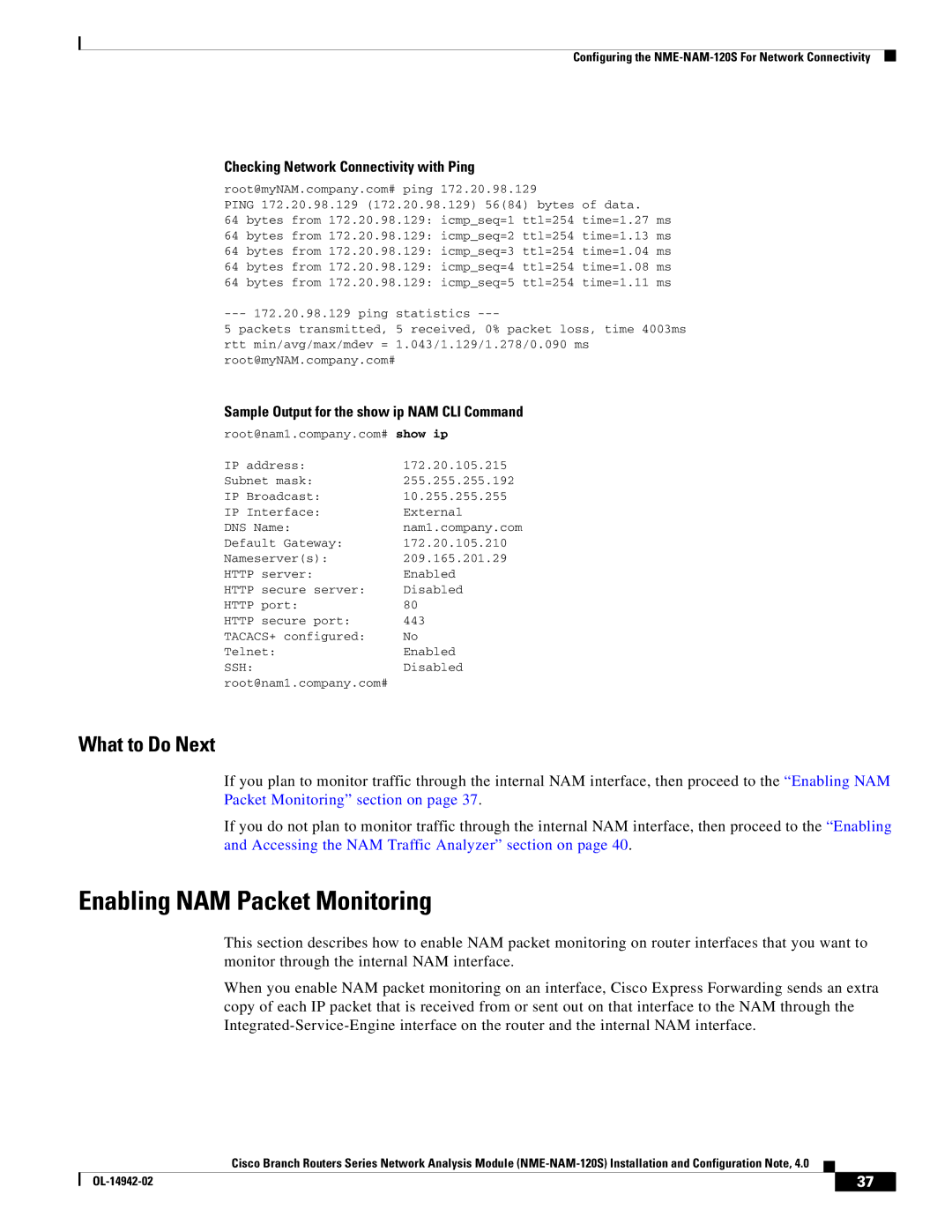 Cisco Systems SMNMADPTR manual Enabling NAM Packet Monitoring, What to Do Next, Checking Network Connectivity with Ping 