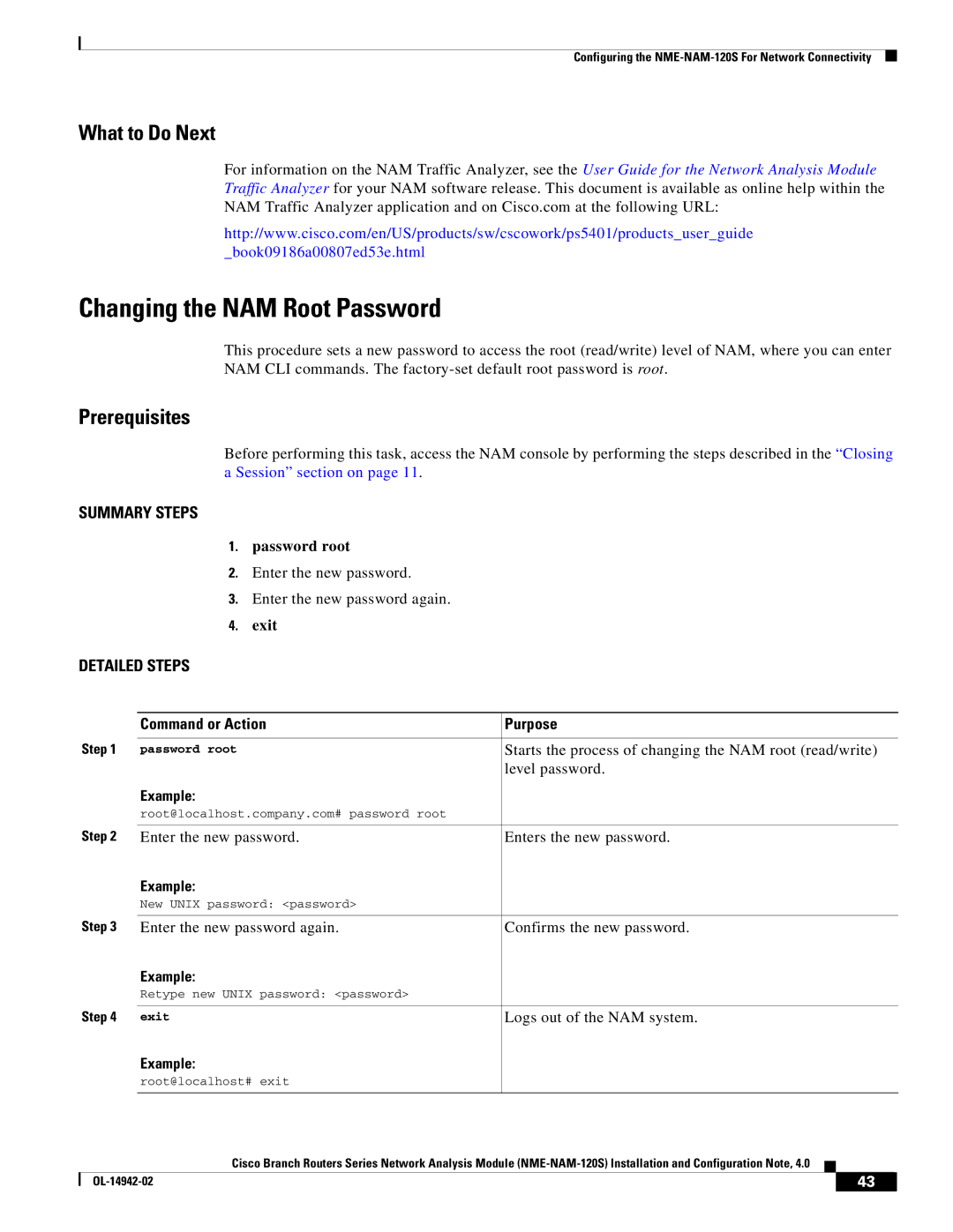 Cisco Systems SMNMADPTR manual Changing the NAM Root Password, Password root 