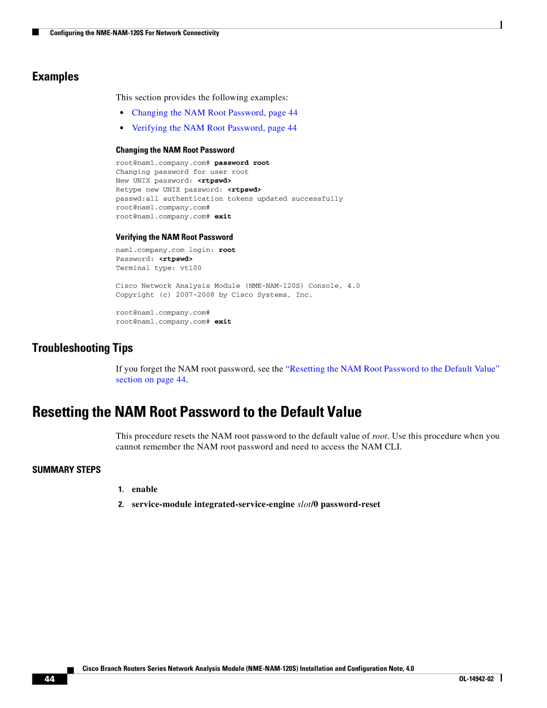 Cisco Systems SMNMADPTR manual Resetting the NAM Root Password to the Default Value, Troubleshooting Tips 