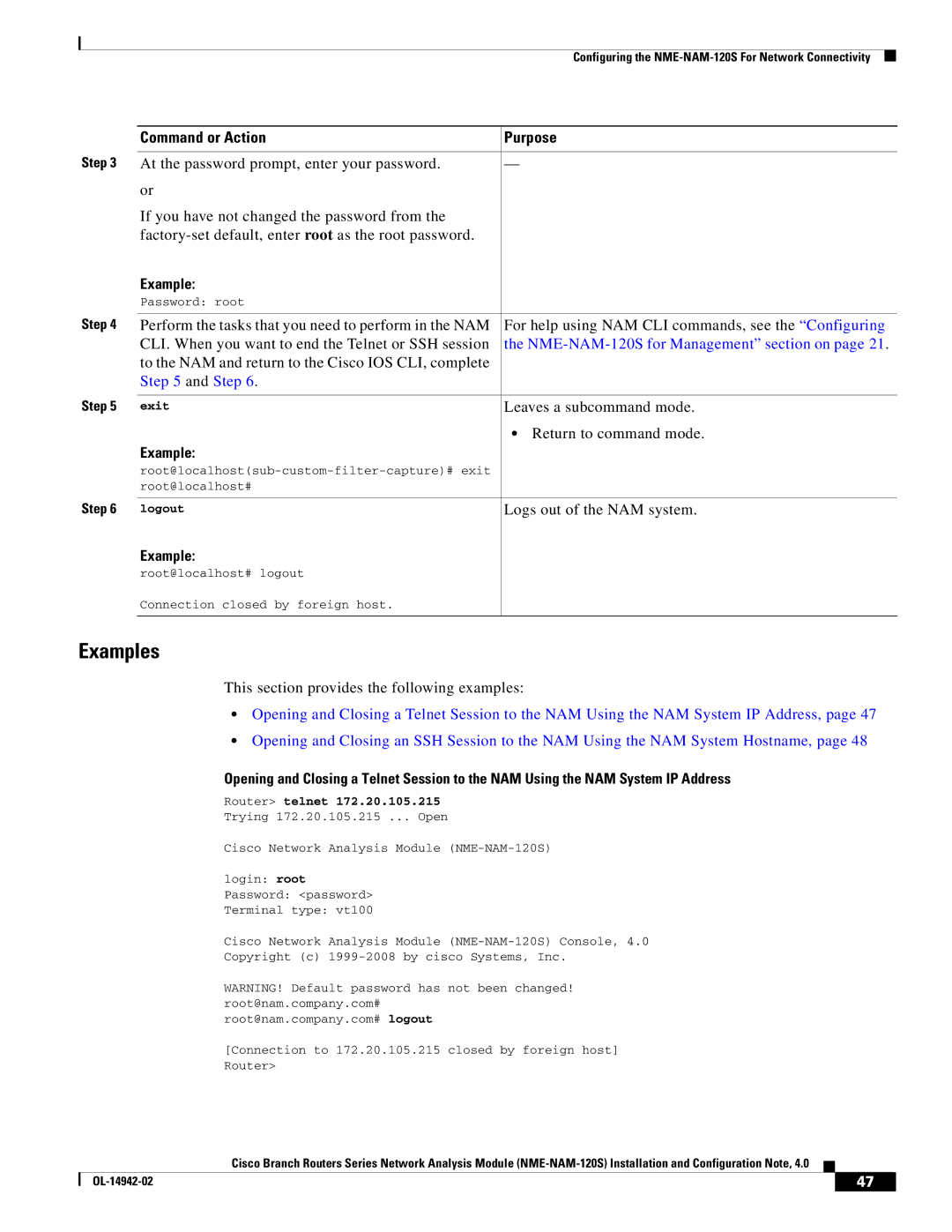 Cisco Systems SMNMADPTR manual To the NAM and return to the Cisco IOS CLI, complete, Leaves a subcommand mode 