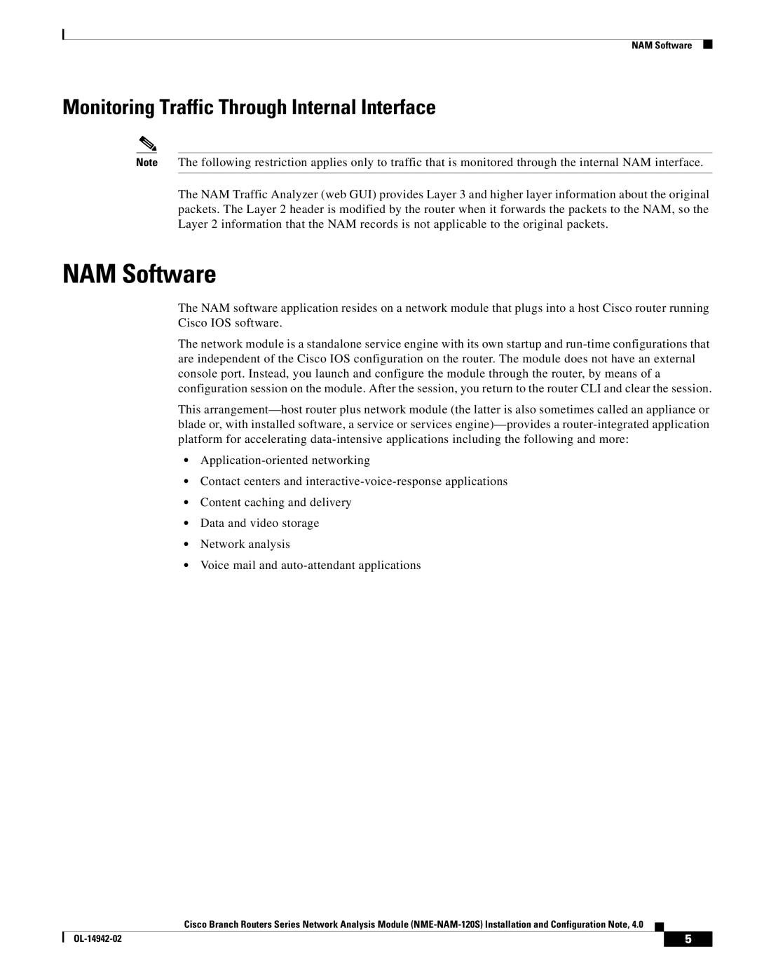 Cisco Systems SMNMADPTR manual NAM Software, Monitoring Traffic Through Internal Interface 