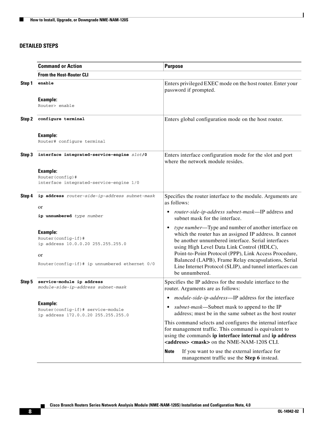 Cisco Systems SMNMADPTR manual Command or Action Purpose, Example, Using the commands ip interface internal and ip address 