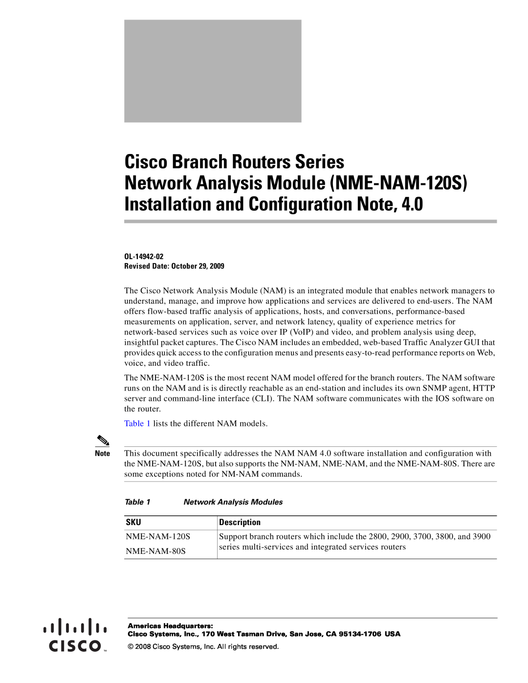 Cisco Systems SMNMADPTR manual Description, Cisco Branch Routers Series Network Analysis Module NME-NAM-120S 