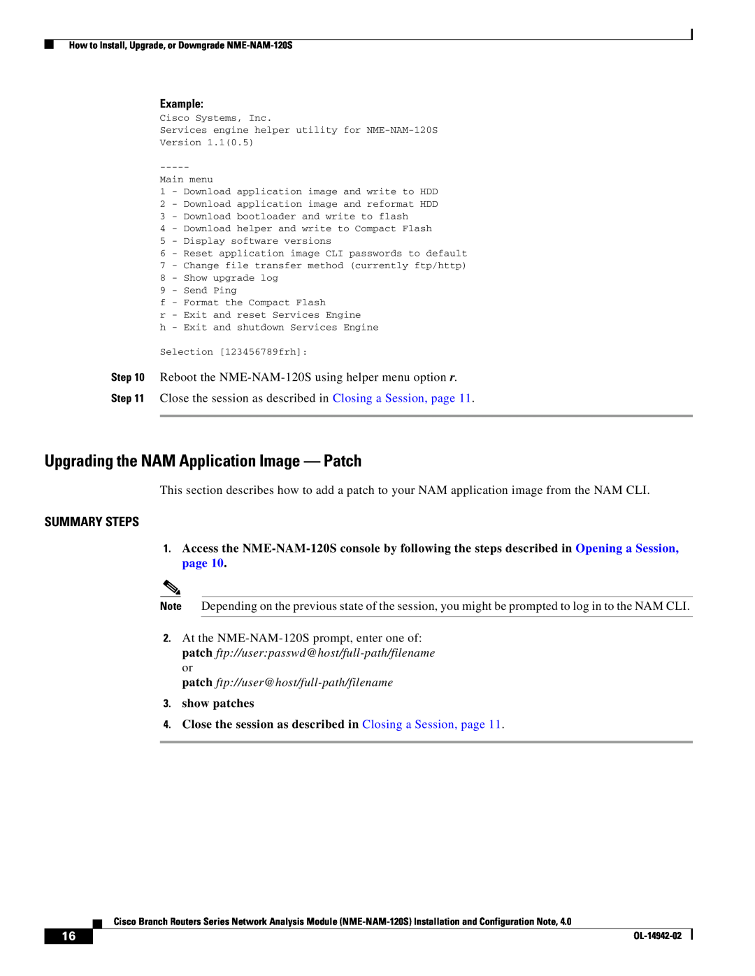 Cisco Systems SMNMADPTR manual Upgrading the NAM Application Image - Patch, show patches, Summary Steps, Example 