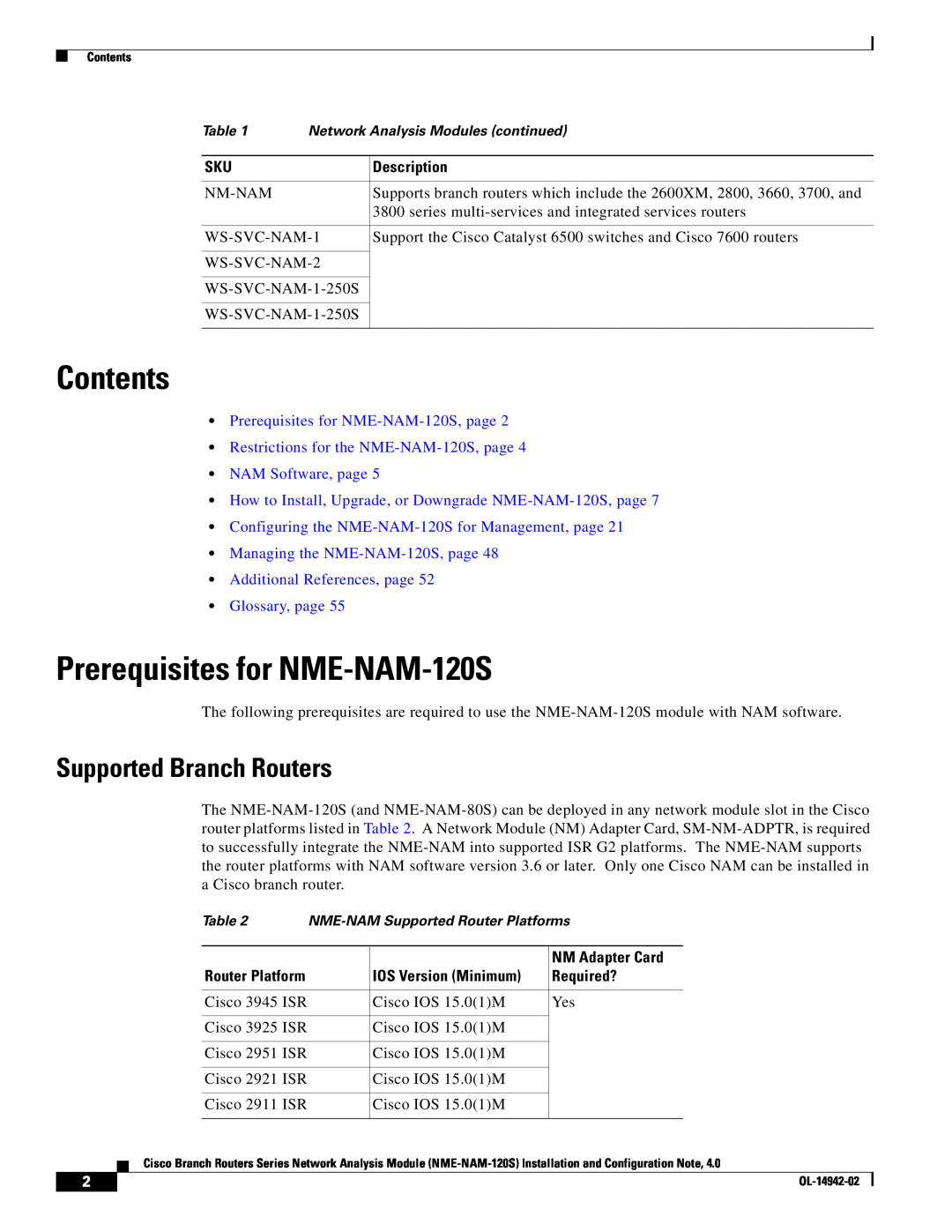 Cisco Systems SMNMADPTR Contents, Prerequisites for NME-NAM-120S, Supported Branch Routers, Glossary, page, Required? 