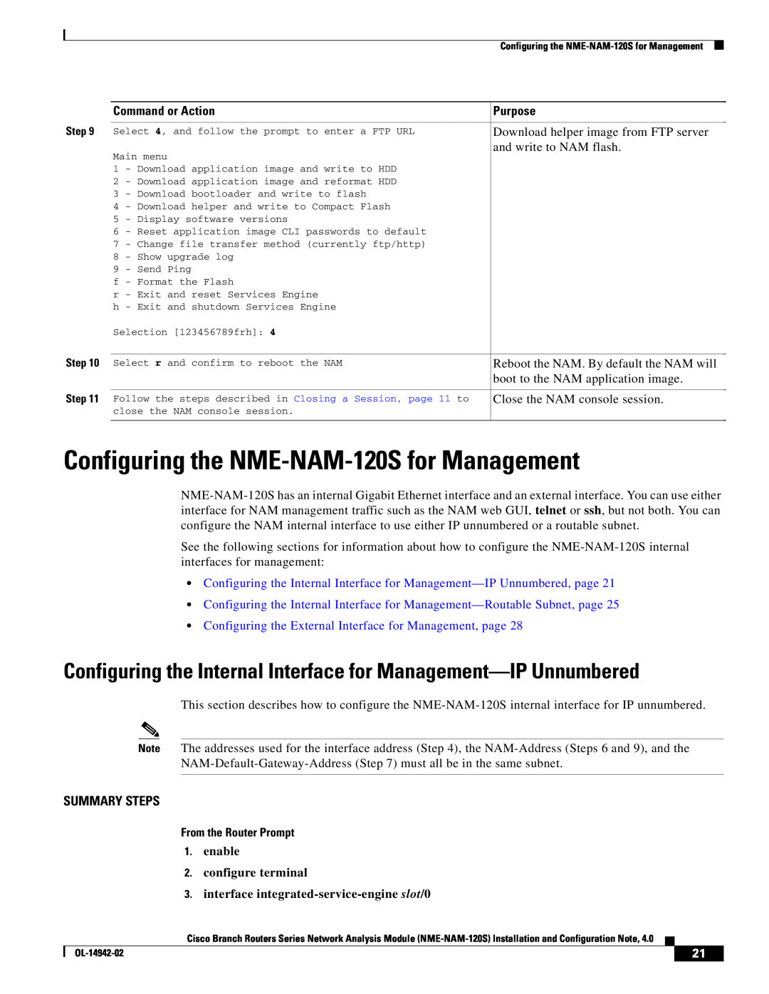 Cisco Systems SMNMADPTR manual Configuring the NME-NAM-120S for Management, From the Router Prompt, Summary Steps, Purpose 