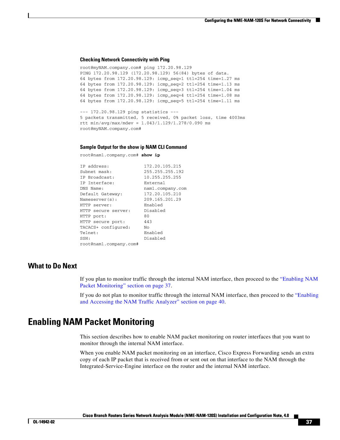 Cisco Systems SMNMADPTR manual Enabling NAM Packet Monitoring, What to Do Next, Checking Network Connectivity with Ping 