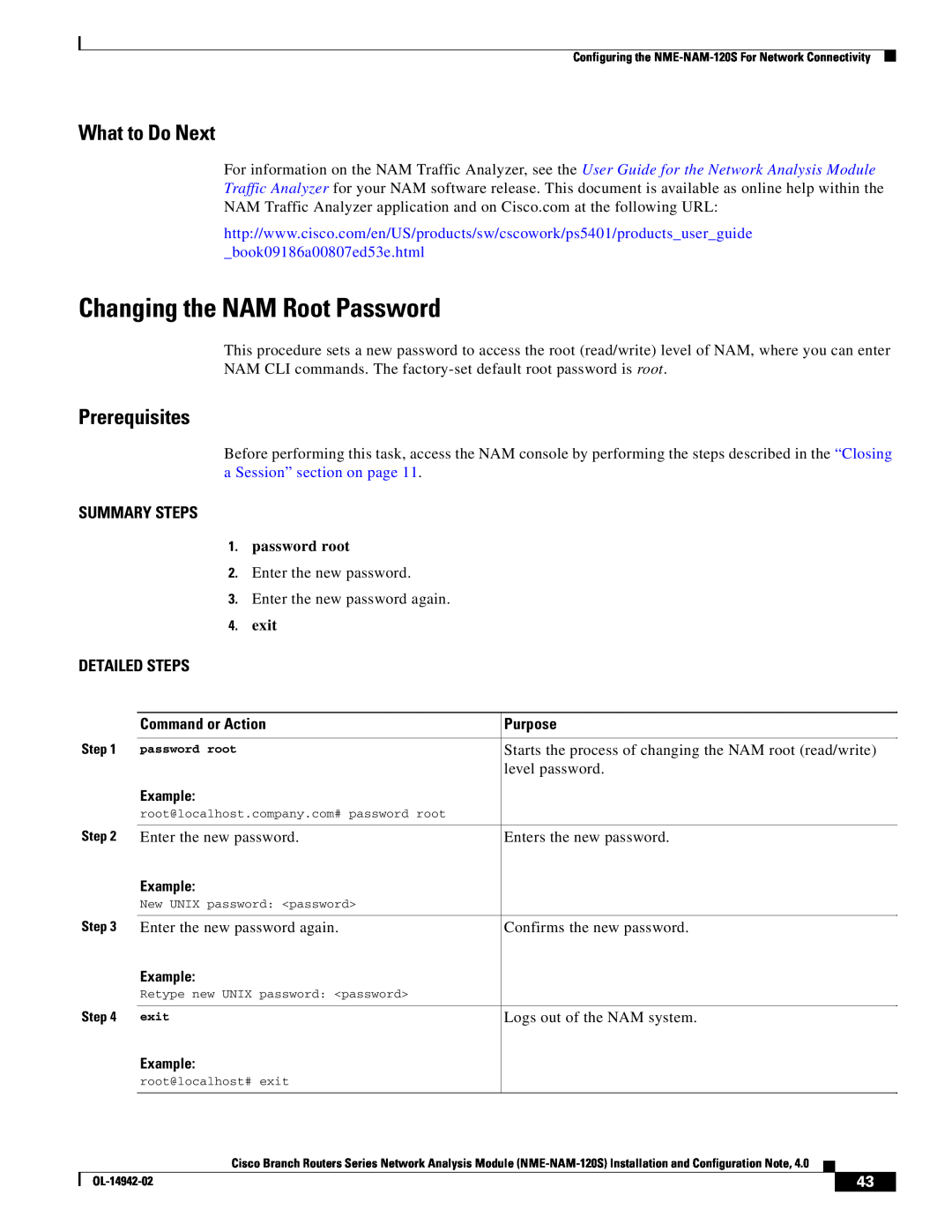 Cisco Systems SMNMADPTR Changing the NAM Root Password, password root, exit, What to Do Next, Prerequisites, Summary Steps 