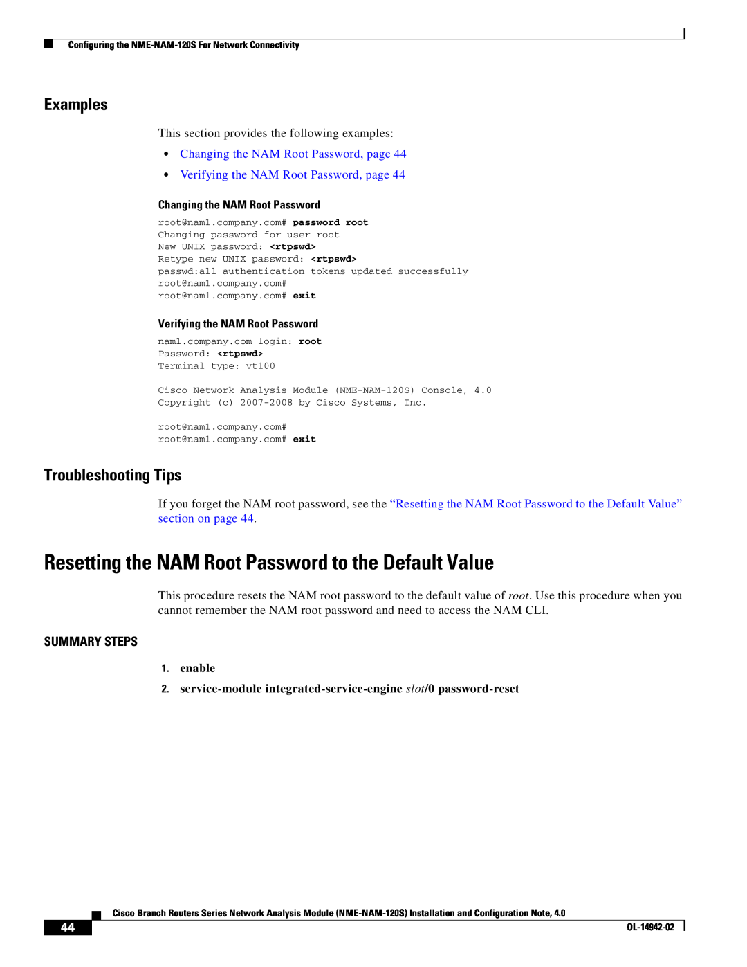 Cisco Systems SMNMADPTR manual Resetting the NAM Root Password to the Default Value, Troubleshooting Tips, Examples, enable 