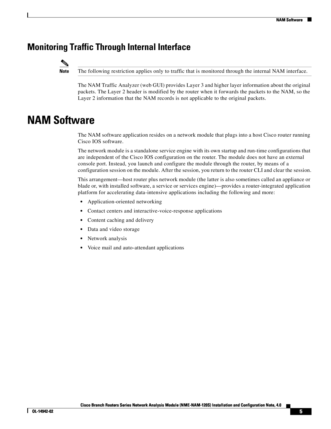 Cisco Systems SMNMADPTR manual NAM Software, Monitoring Traffic Through Internal Interface 