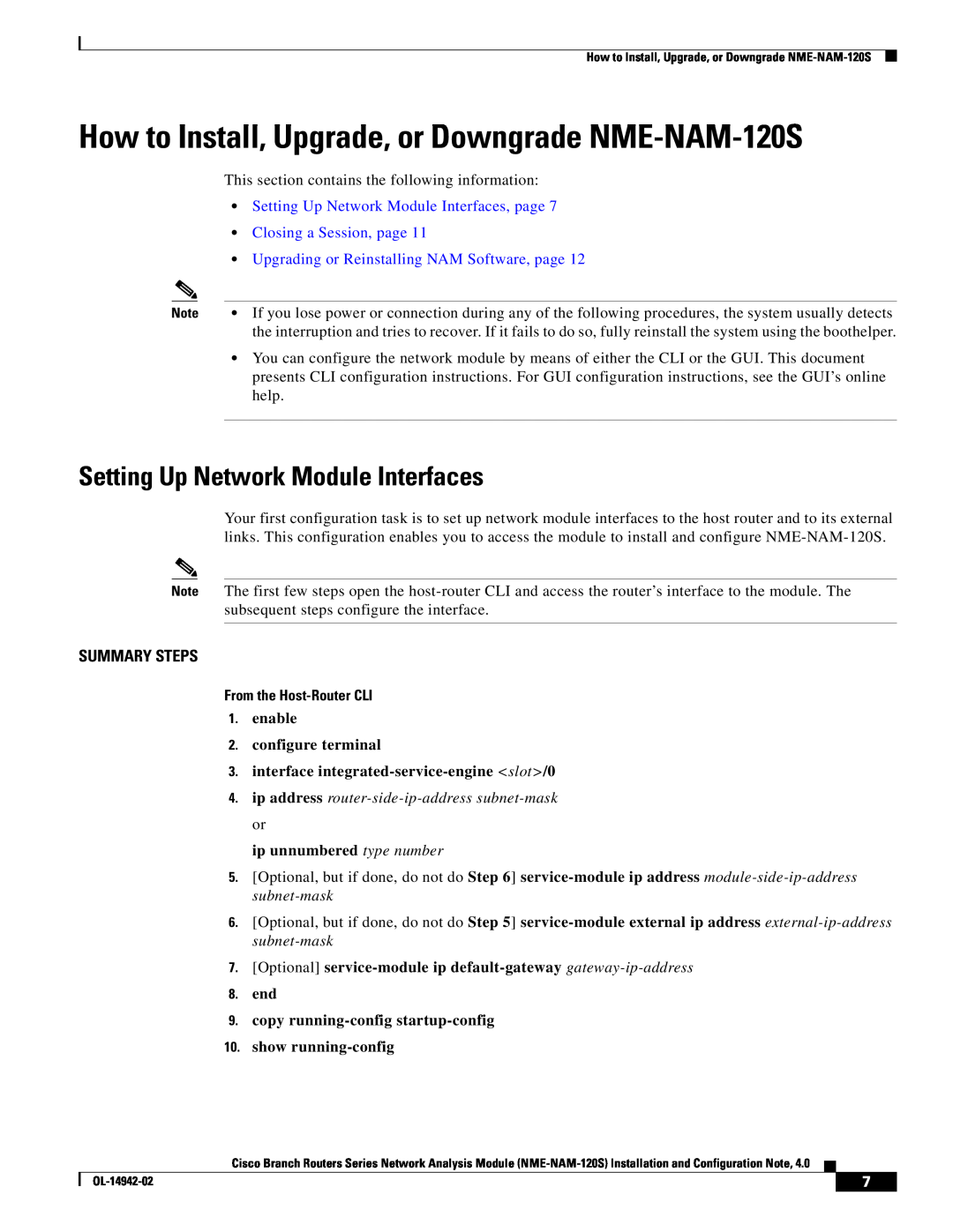 Cisco Systems SMNMADPTR manual How to Install, Upgrade, or Downgrade NME-NAM-120S, Setting Up Network Module Interfaces 