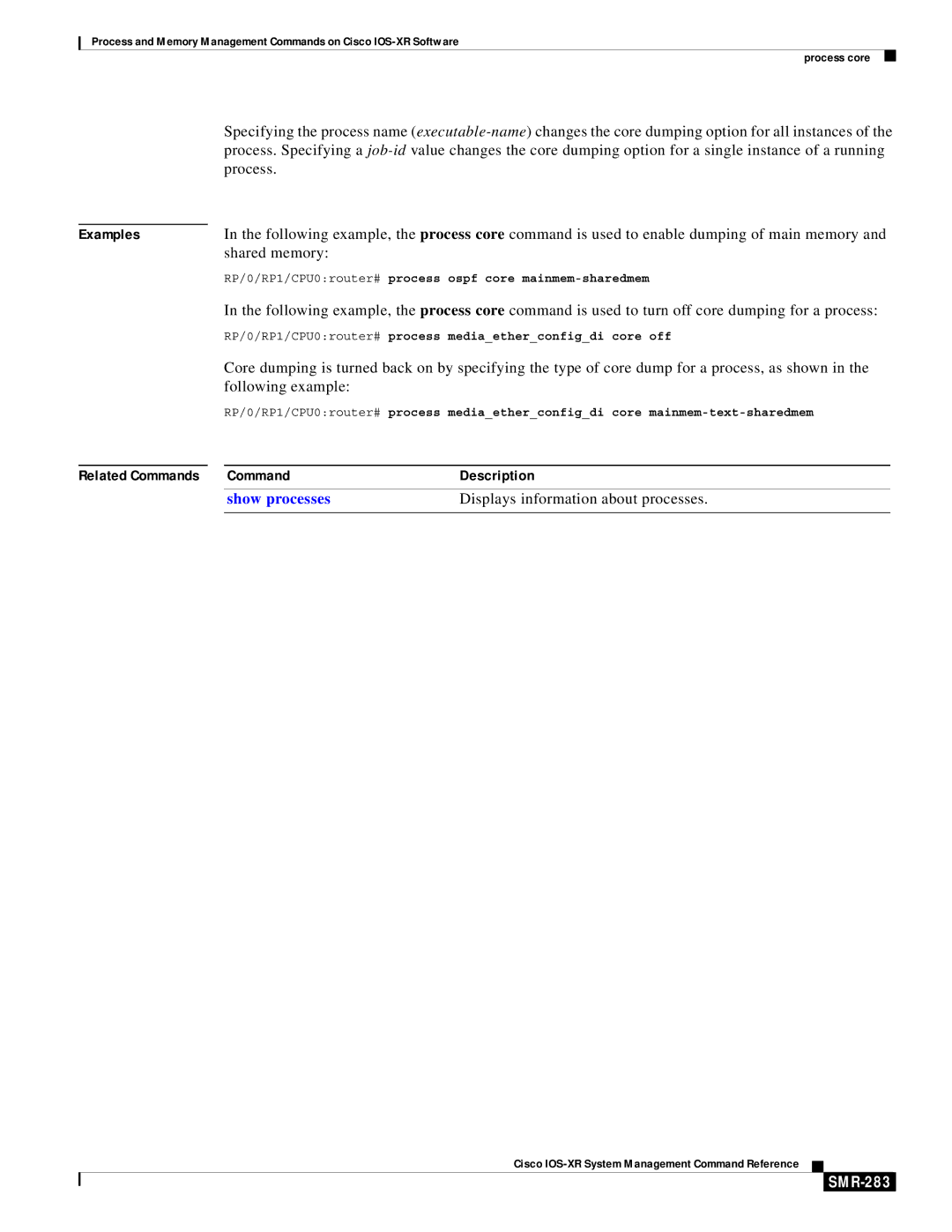 Cisco Systems SMR-273 manual Shared memory, Following example, Displays information about processes, SMR-283 