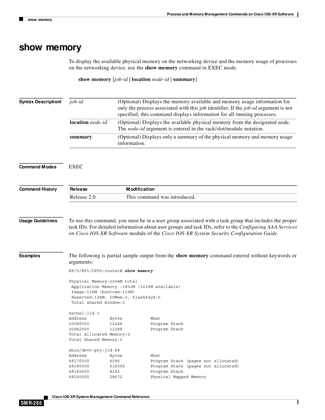 Cisco Systems SMR-273 manual Show memory, Arguments, SMR-286 