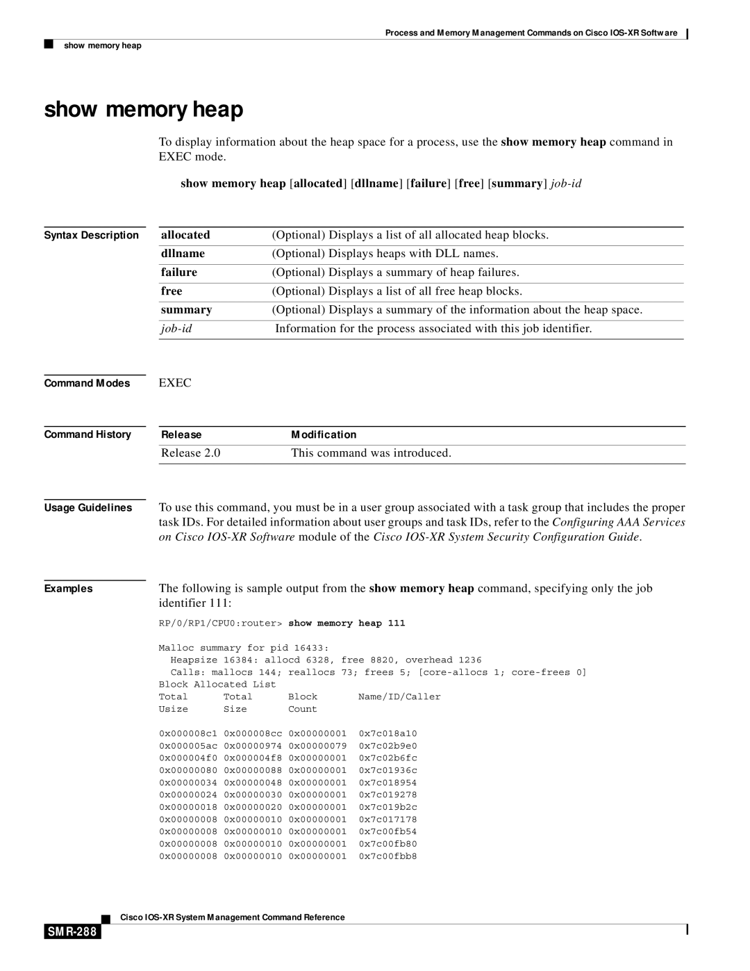 Cisco Systems SMR-273 manual Show memory heap, Syntax Description, SMR-288 