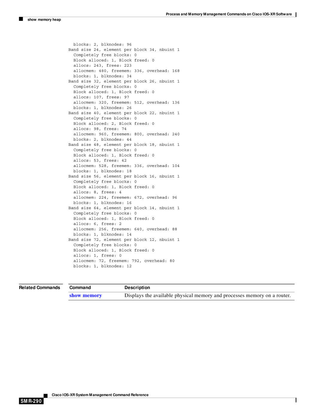 Cisco Systems SMR-273 manual Show memory, SMR-290 