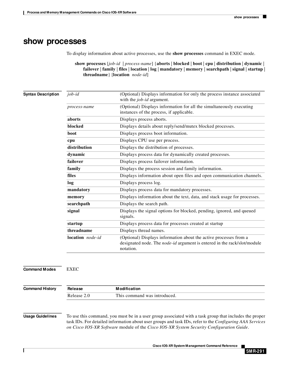 Cisco Systems SMR-273 manual Show processes, SMR-291 