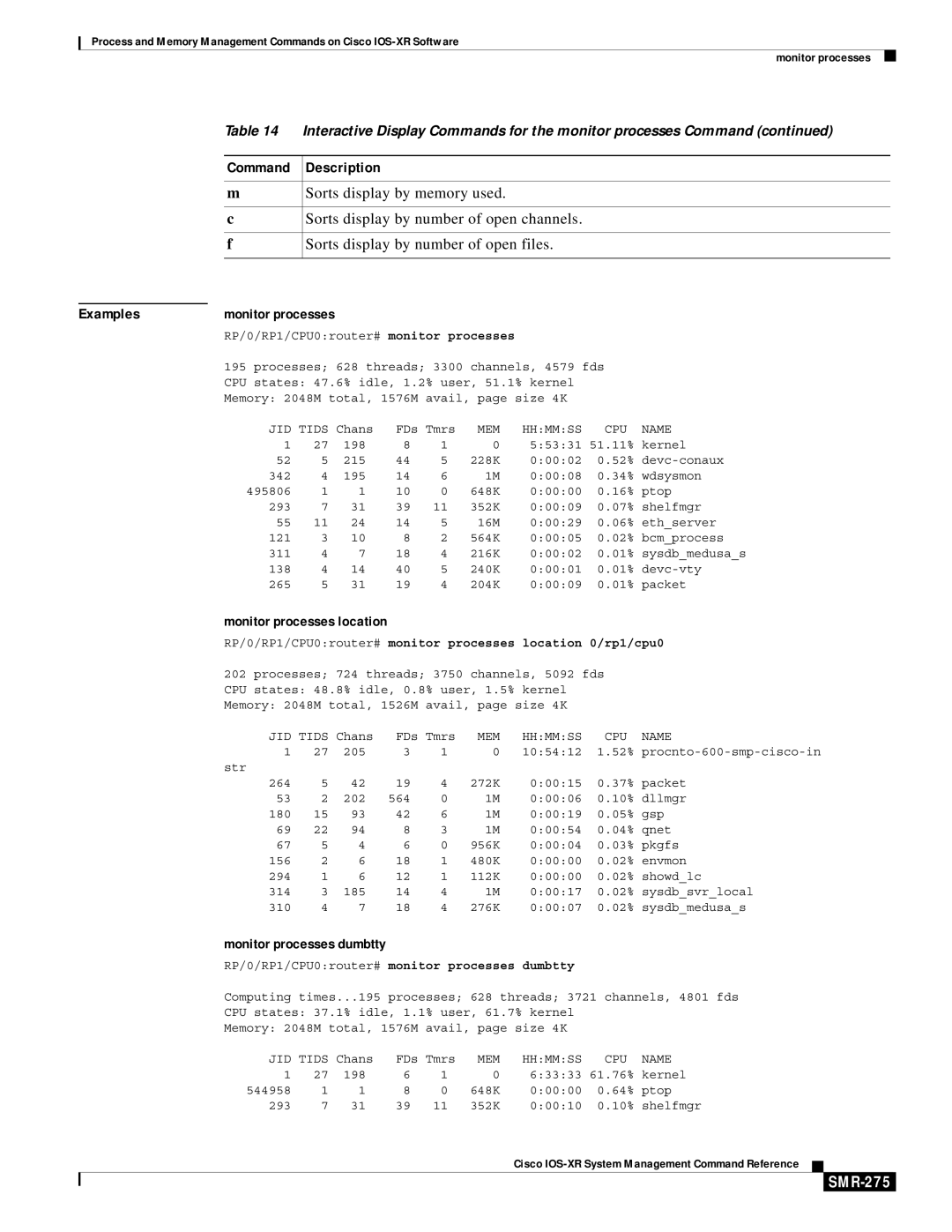 Cisco Systems SMR-273 manual Examples, Monitor processes location, Monitor processes dumbtty, SMR-275 