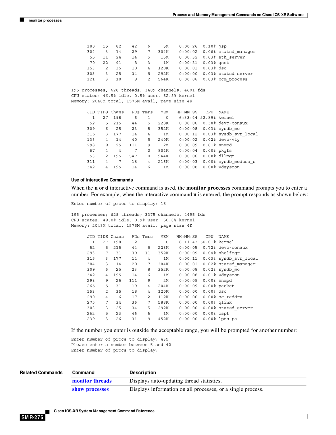 Cisco Systems SMR-273 Use of Interactive Commands, Related Commands Description, Displays auto-updating thread statistics 