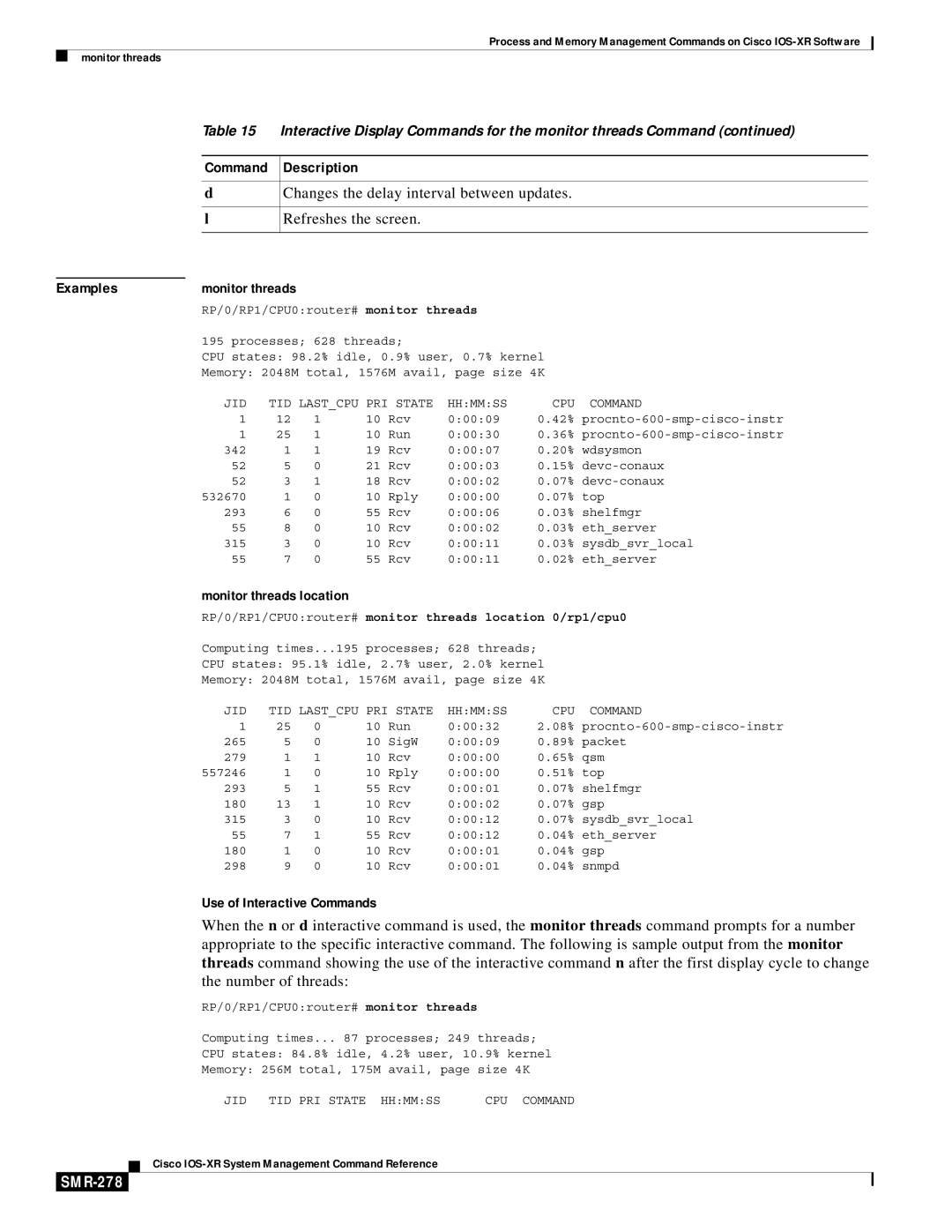 Cisco Systems SMR-273 manual Examples Monitor threads, Monitor threads location, SMR-278, Processes 628 threads 