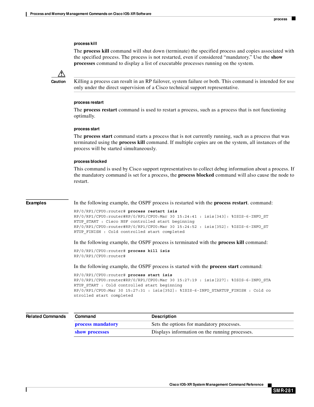 Cisco Systems SMR-273 manual Process kill, Process restart, Process start, Process blocked, SMR-281 