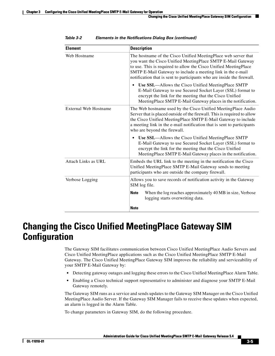 Cisco Systems SMTP manual Changing the Cisco Unified MeetingPlace Gateway SIM Configuration, Element, Description 