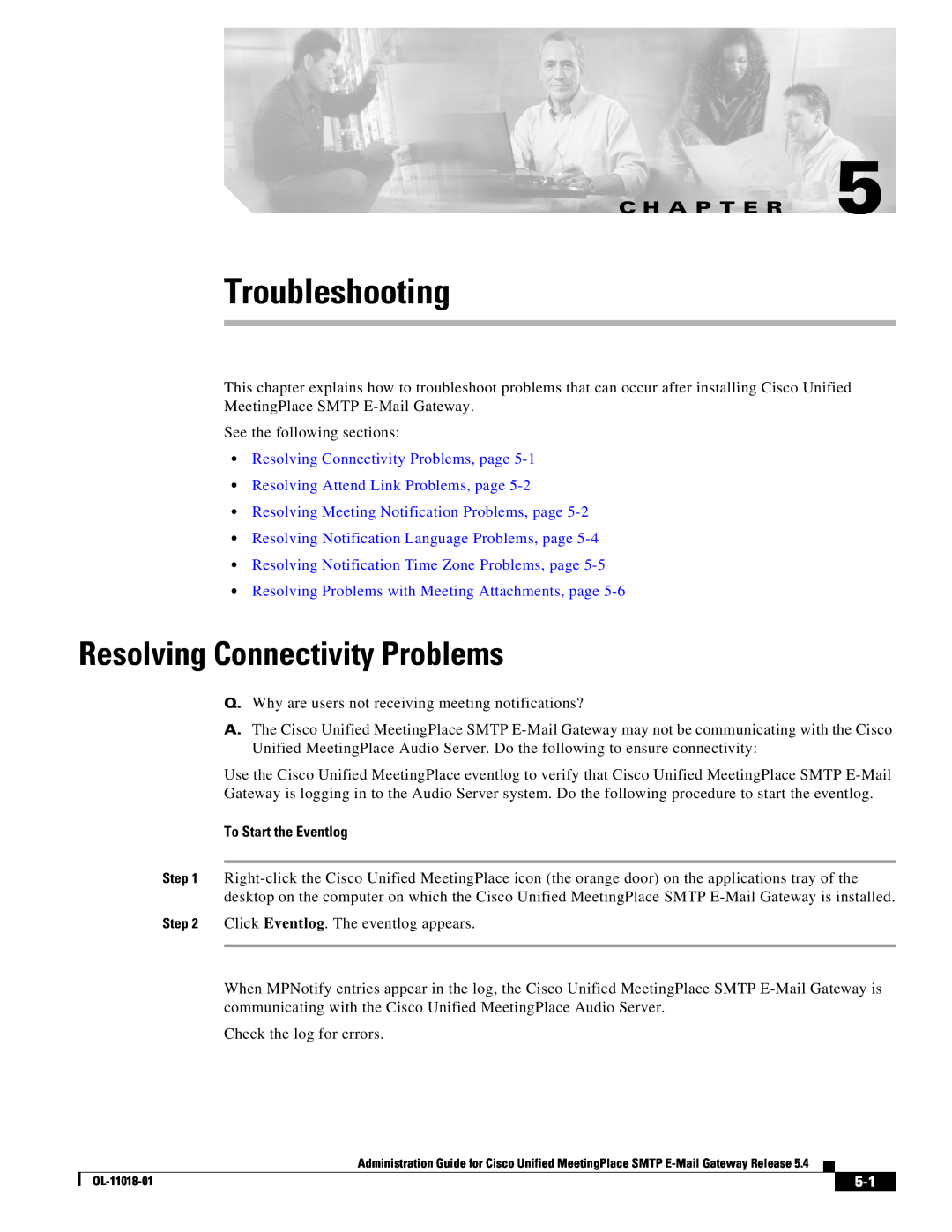 Cisco Systems SMTP manual Troubleshooting, C H A P T E R, Resolving Connectivity Problems, page, To Start the Eventlog 