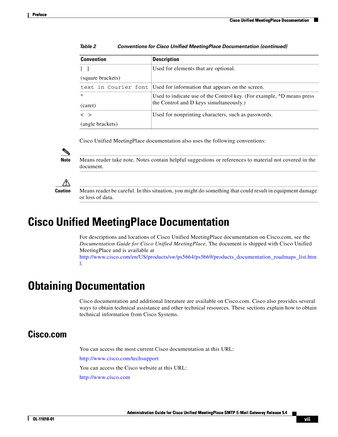 Cisco Systems SMTP Cisco Unified MeetingPlace Documentation, Obtaining Documentation, Cisco.com, Convention, Description 