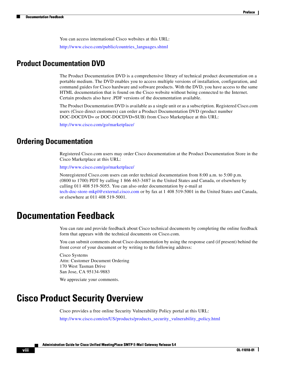 Cisco Systems SMTP manual Documentation Feedback, Cisco Product Security Overview, Product Documentation DVD, viii 