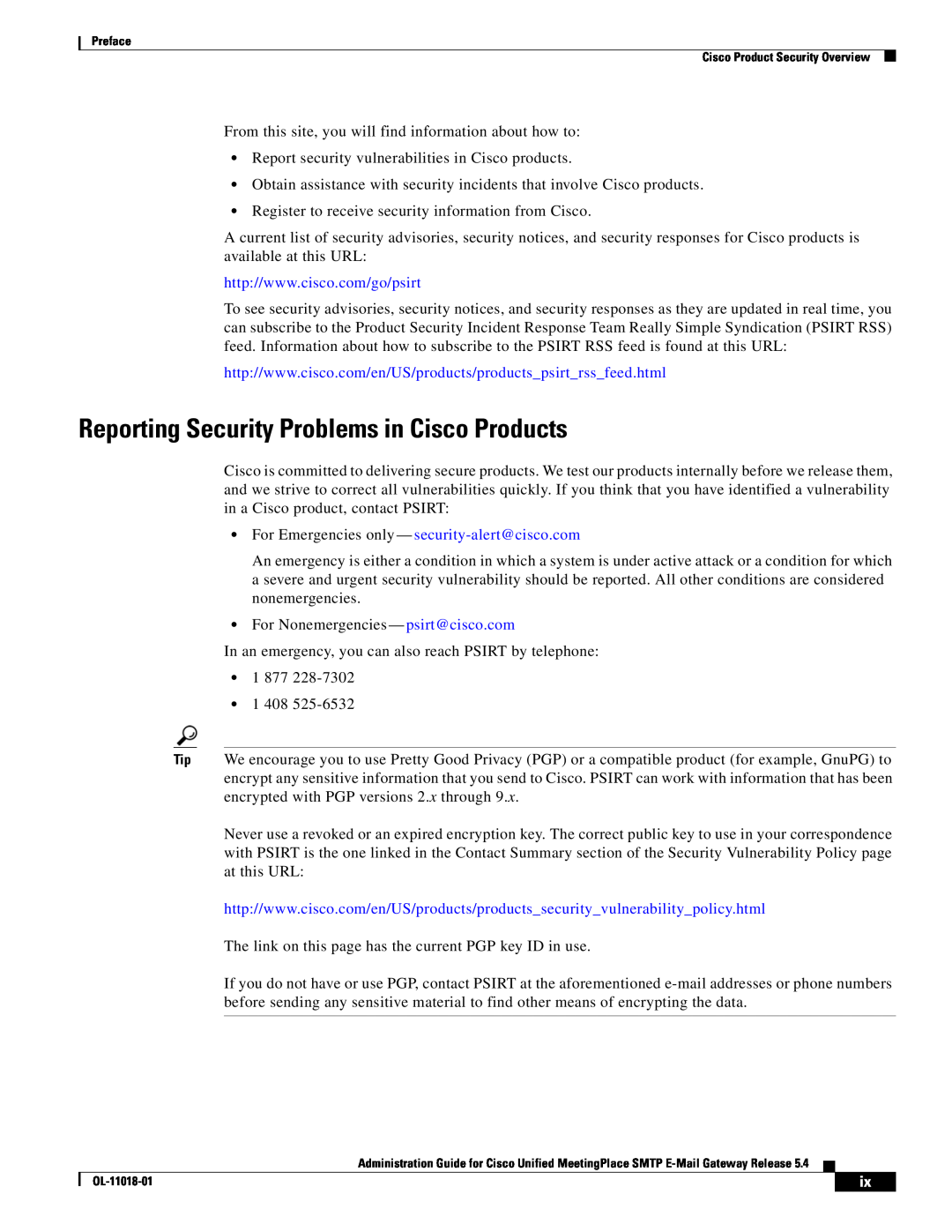 Cisco Systems SMTP manual Reporting Security Problems in Cisco Products, For Emergencies only - security-alert@cisco.com 