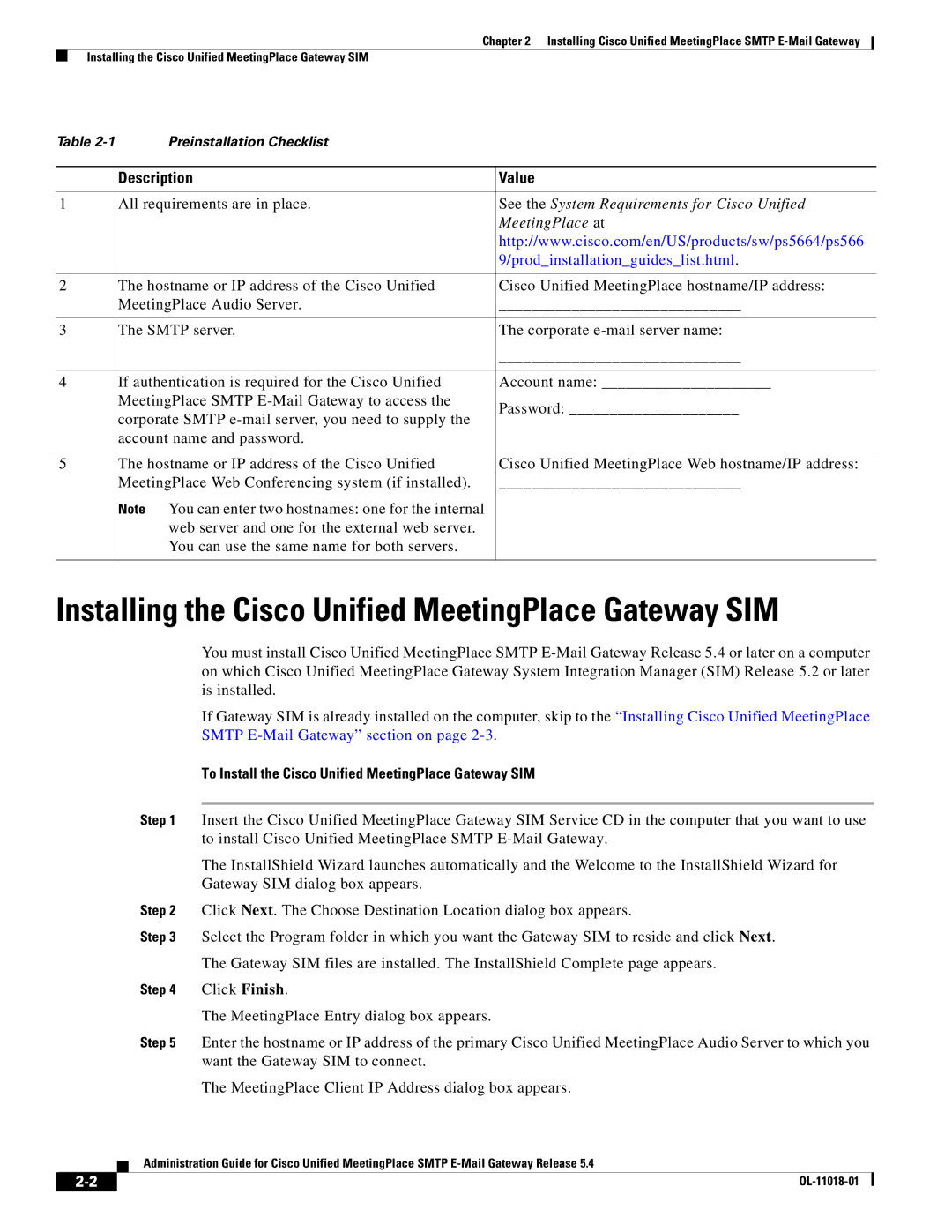 Cisco Systems SMTP manual Installing the Cisco Unified MeetingPlace Gateway SIM, Description Value 