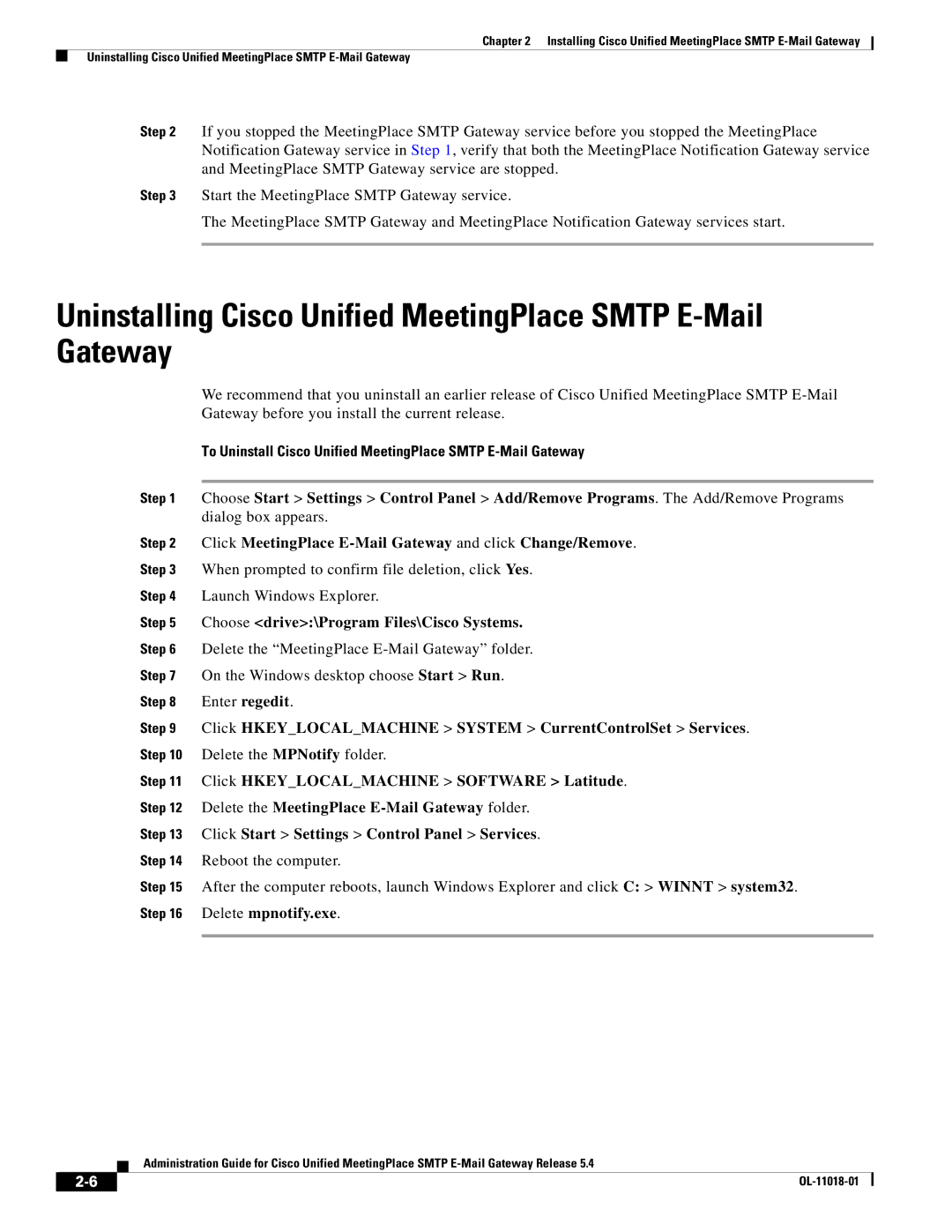 Cisco Systems SMTP manual Uninstalling Cisco Unified MeetingPlace Smtp E-Mail Gateway 