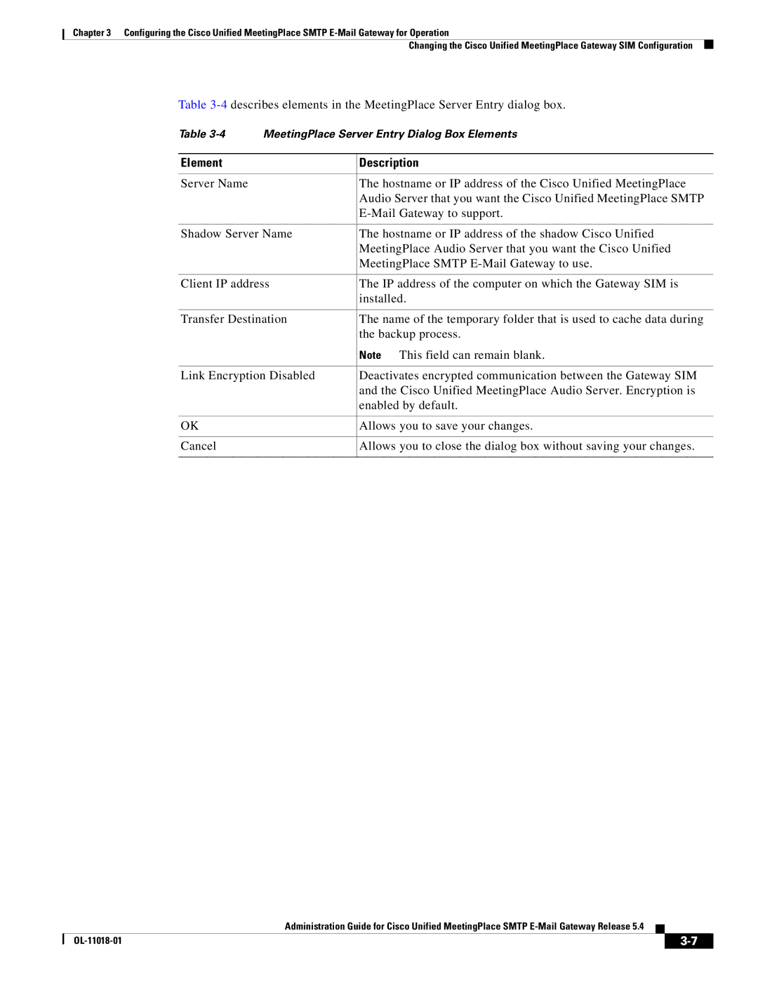 Cisco Systems SMTP manual MeetingPlace Server Entry Dialog Box Elements 