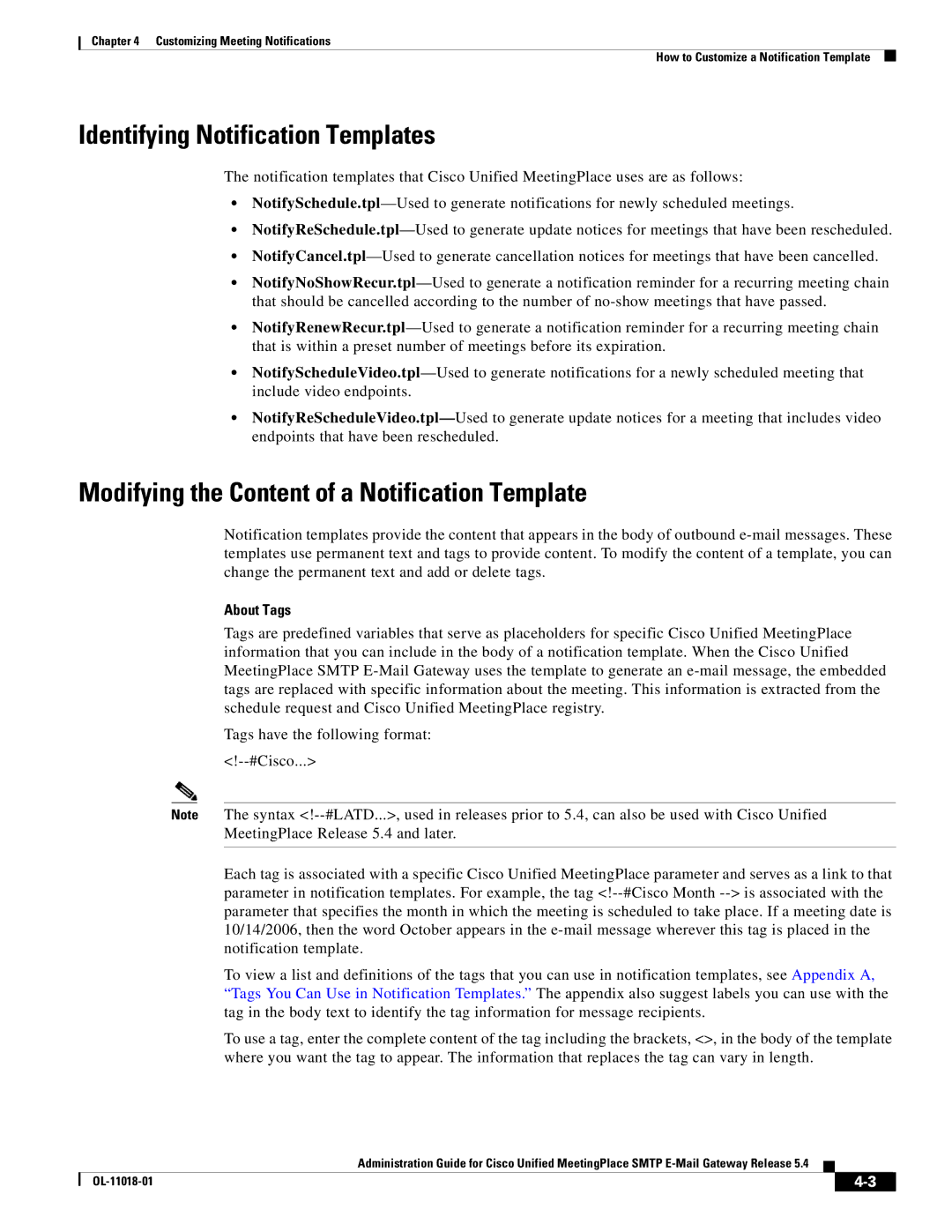 Cisco Systems SMTP manual Identifying Notification Templates, Modifying the Content of a Notification Template, About Tags 