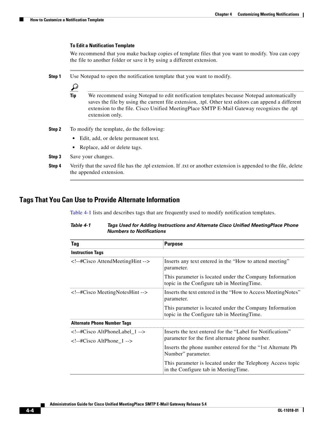 Cisco Systems SMTP manual To Edit a Notification Template, Tag Purpose 