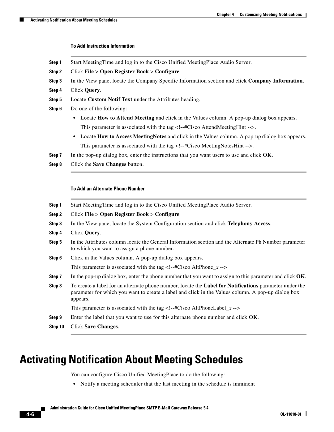 Cisco Systems SMTP manual Activating Notification About Meeting Schedules, To Add Instruction Information 