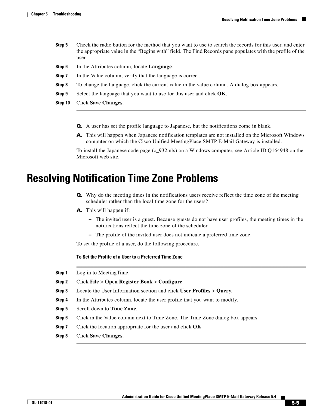 Cisco Systems SMTP manual Resolving Notification Time Zone Problems, To Set the Profile of a User to a Preferred Time Zone 